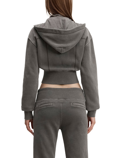 Labubu Cropped Fleece Hoodie in Dark Gray alternate view by Rave Uniform