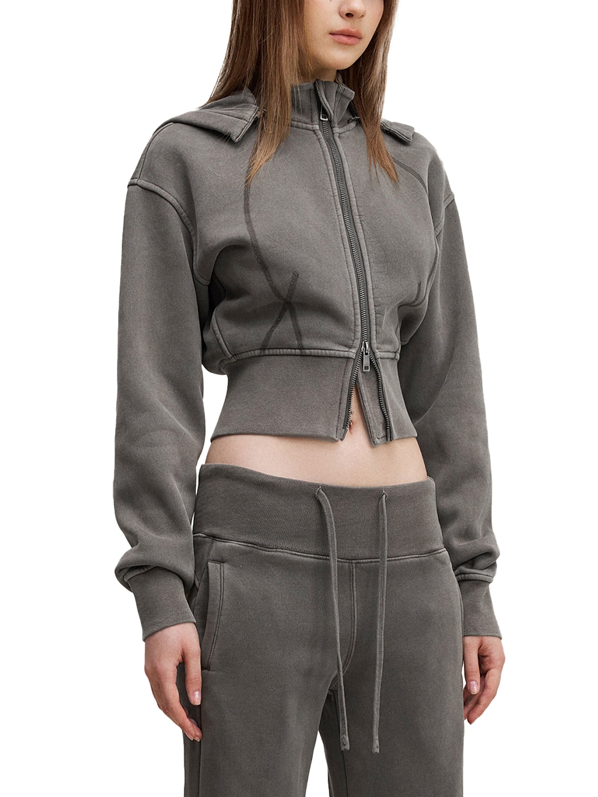 Labubu Cropped Fleece Hoodie in Dark Gray alternate view by Rave Uniform