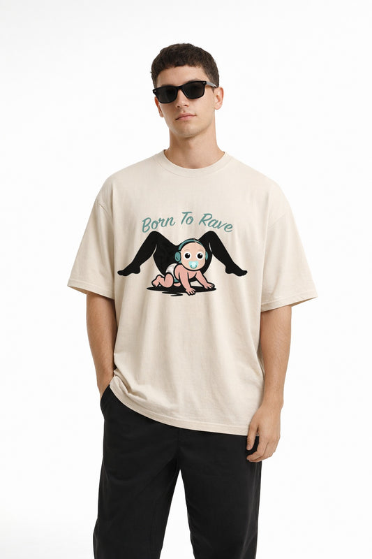 Born To Rave Oversized T-Shirt Light Apricot forward sunglasses exact-design model mockup realistic print