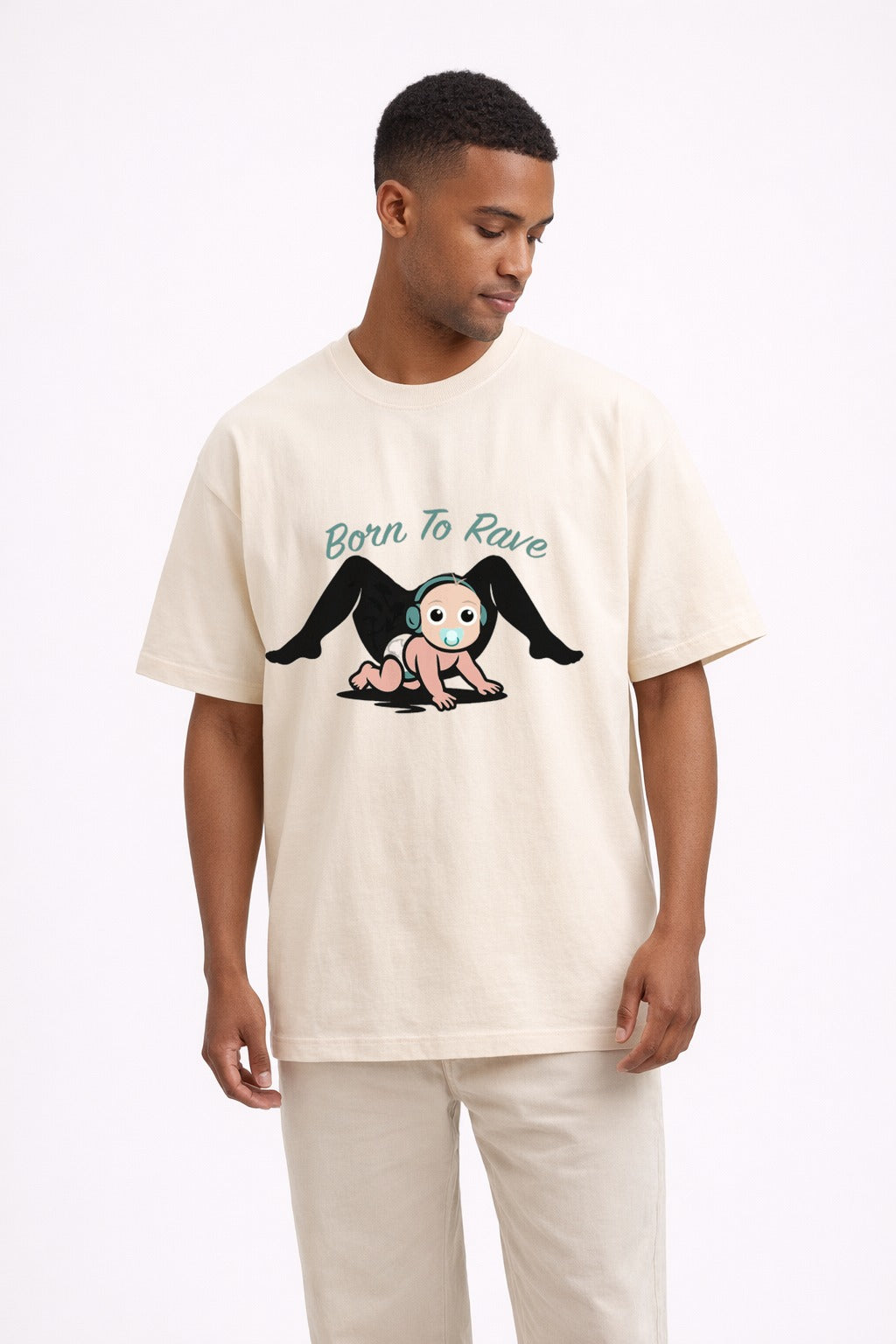 Born To Rave Oversized T-Shirt Light Apricot side-down exact-design model mockup realistic print