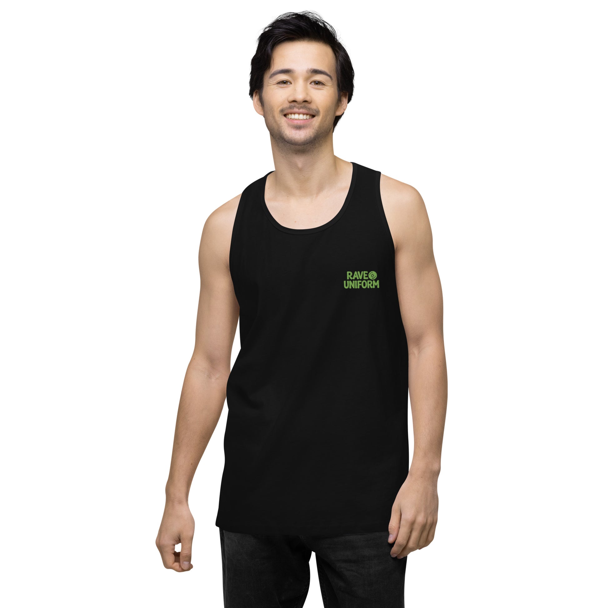 Men’s premium tank top in Black front view by Rave Uniform