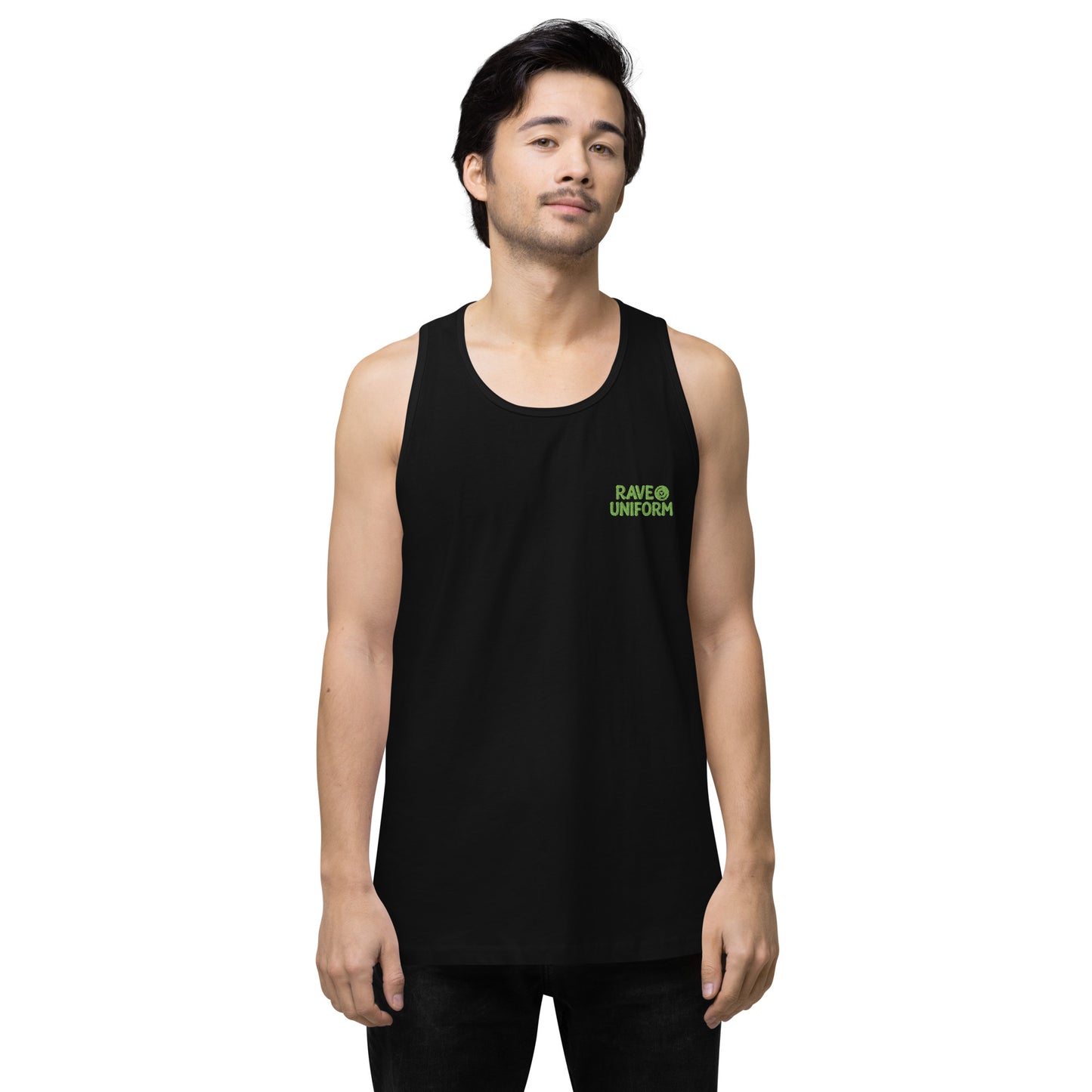 Men’s premium tank top in Black front view by Rave Uniform