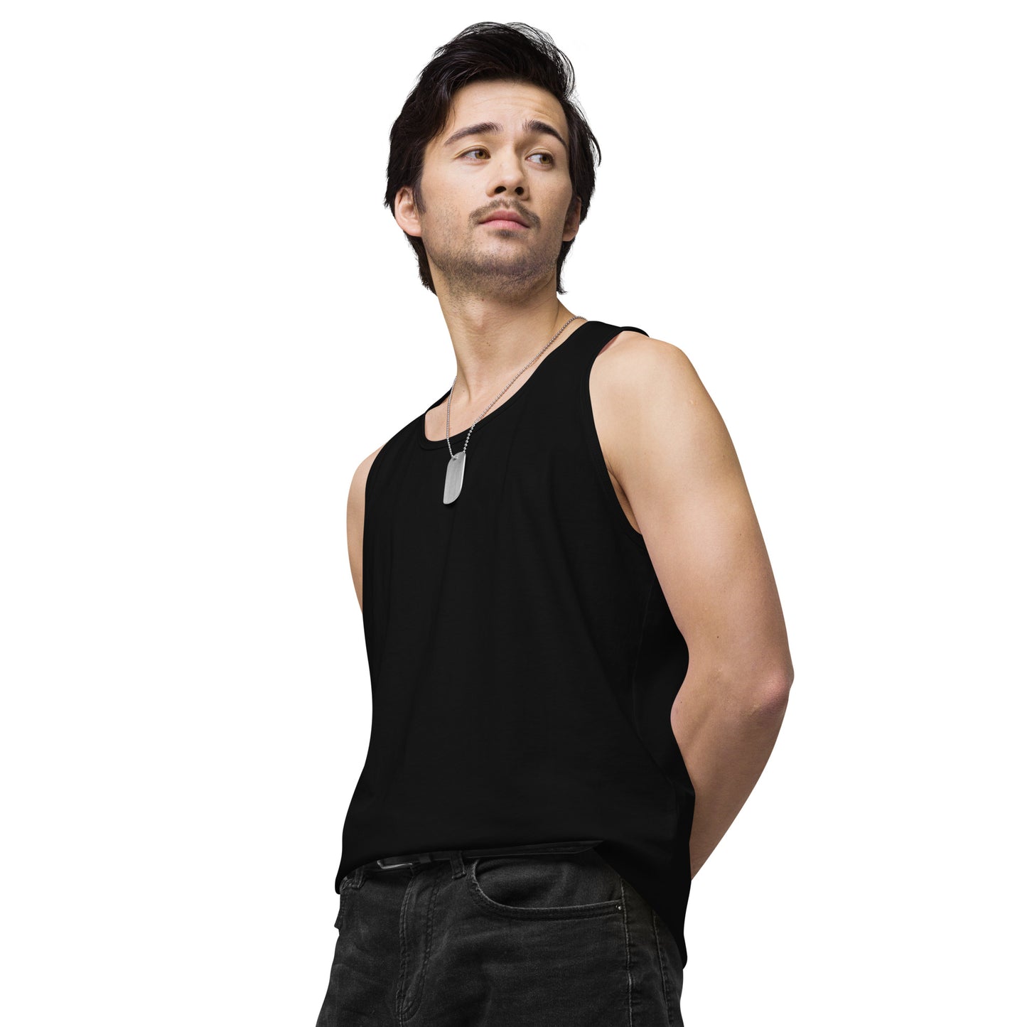 Men’s premium tank top in Black front view by Rave Uniform