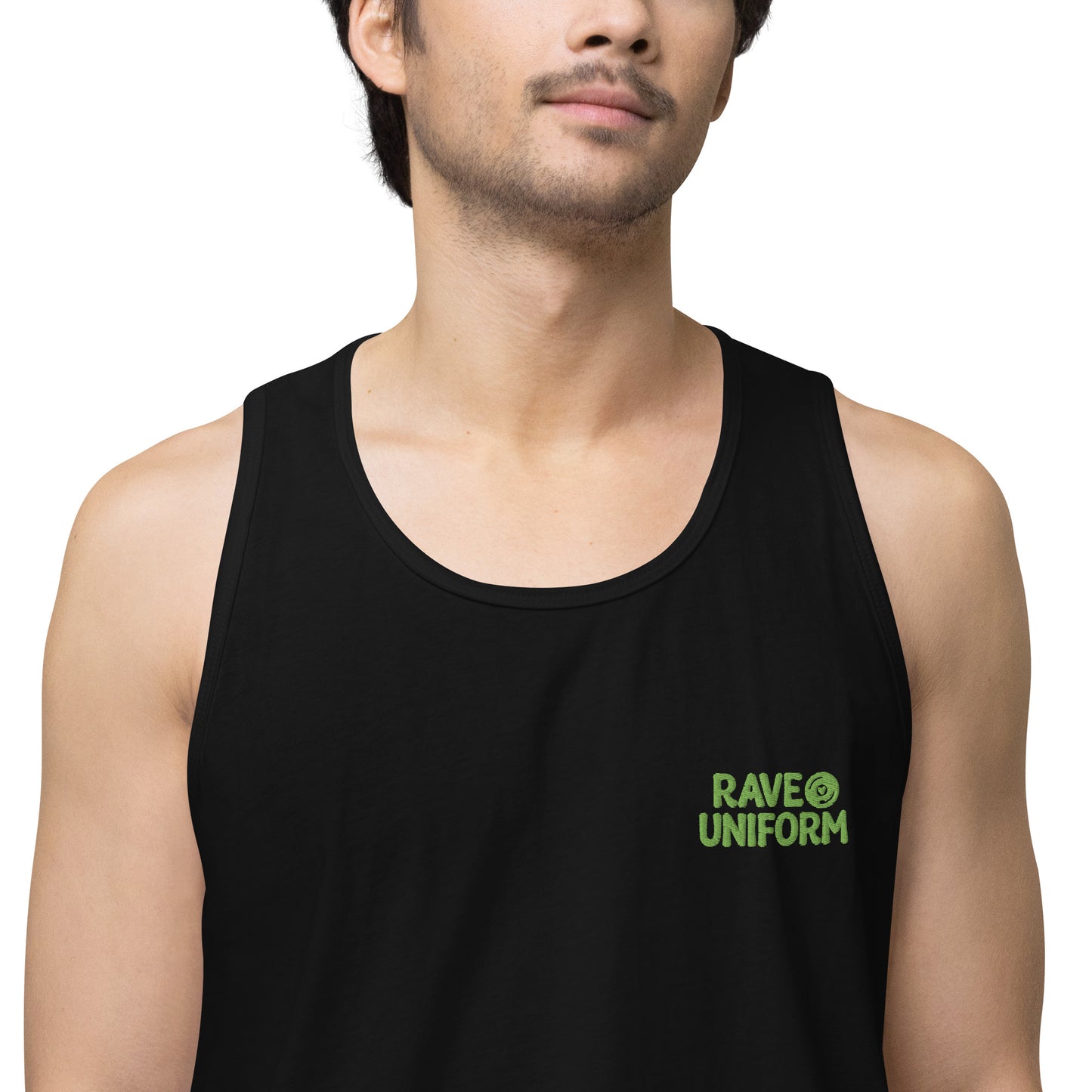 Men’s premium tank top in Black detail view by Rave Uniform