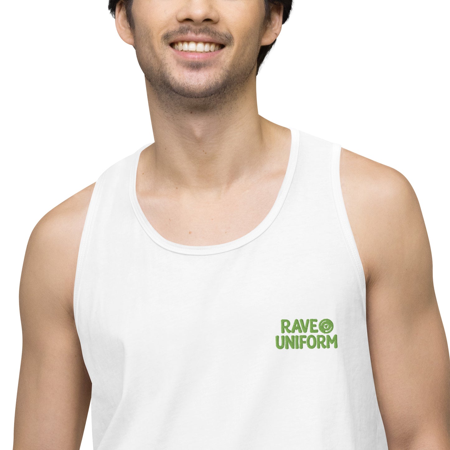 Men’s premium tank top in White detail view by Rave Uniform