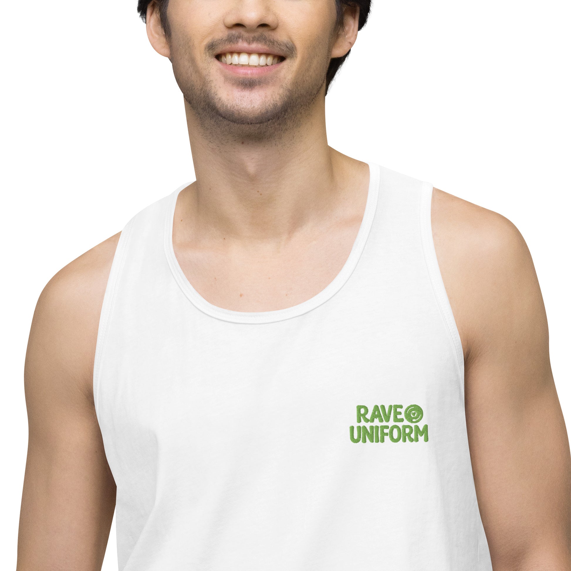 Men’s premium tank top in White detail view by Rave Uniform