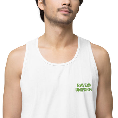 Men’s premium tank top in White detail view by Rave Uniform