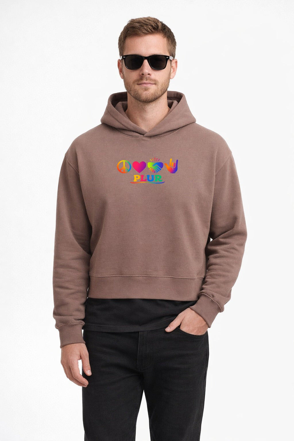 PLUR Heavyweight Hoodie Coffee exact-design no-drawstring model mockup