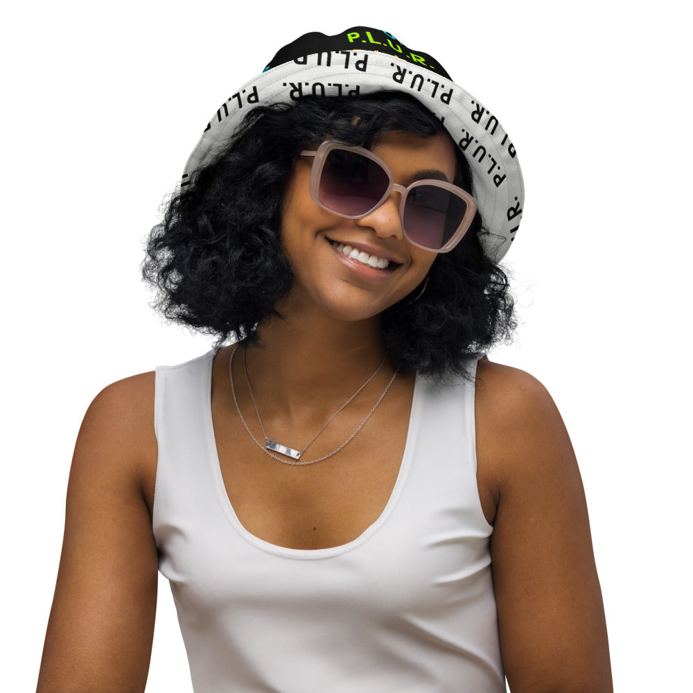 PLUR Rainbow Reversible Bucket Hat on a model, view 2