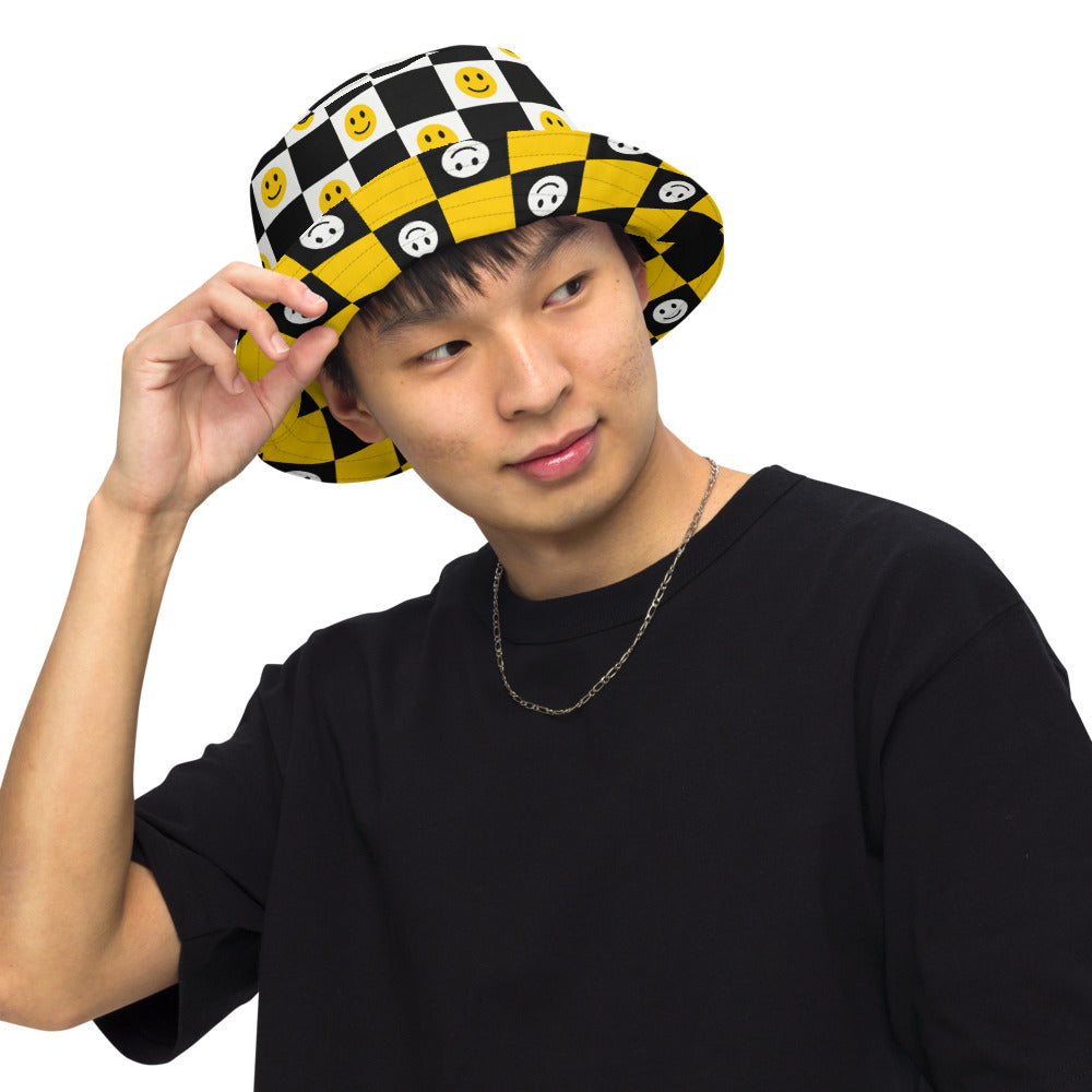 Smiley Checker Reversible Bucket Hat on a model
