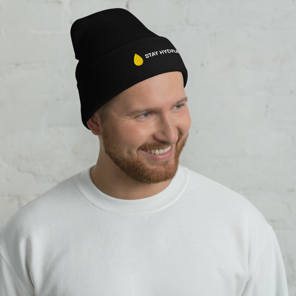 Stay Hydrated Beanie in Black on a model