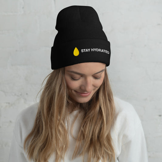 Stay Hydrated Beanie in Black on a model