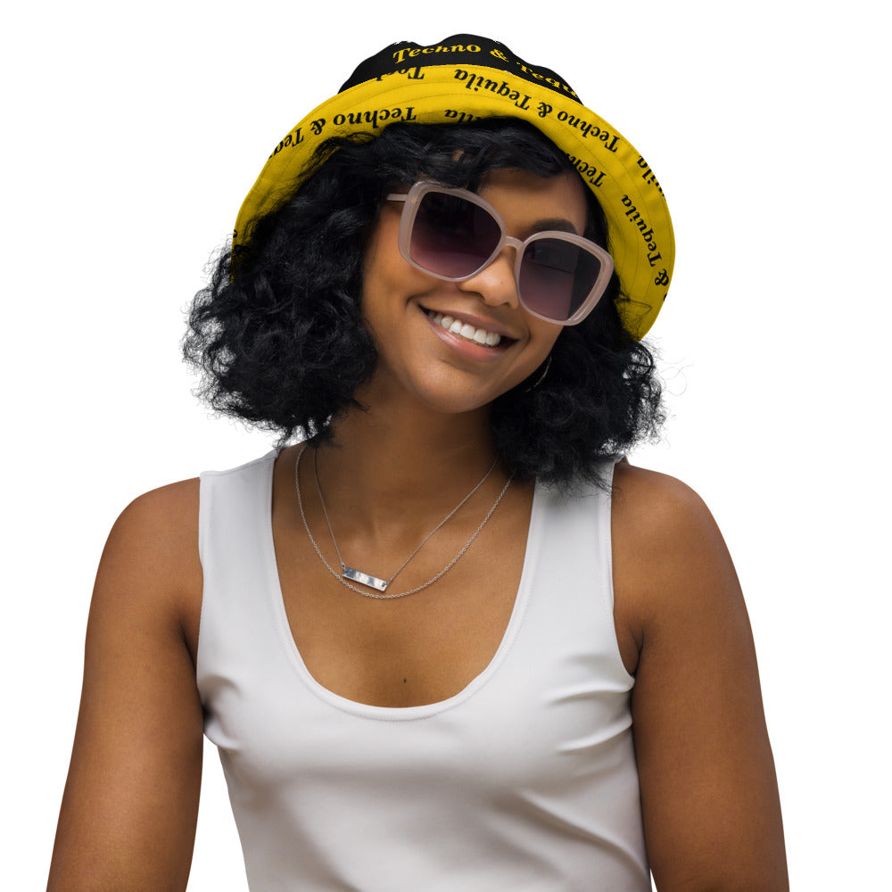 Techno & Tequila All Over Print Reversible Bucket Hat on a model, view 2
